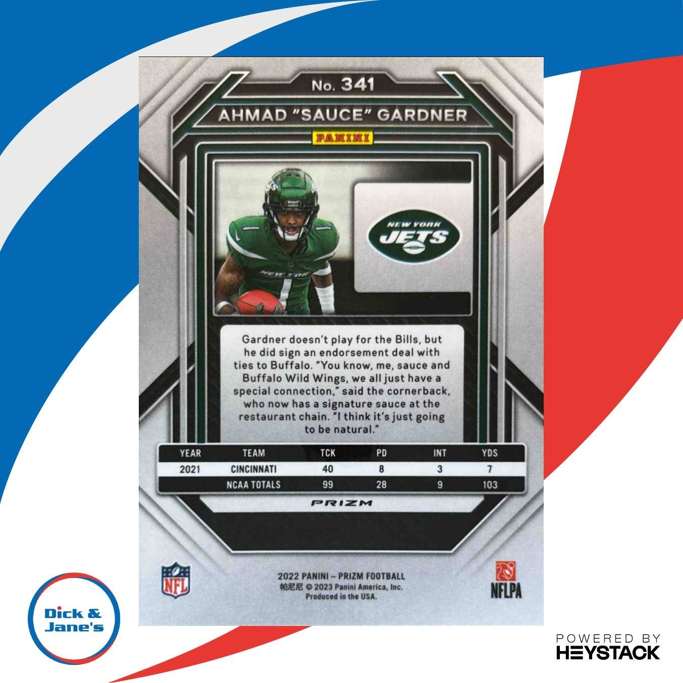 2022 Panini Prizm Ahmad ’Sauce’ Gardner Silver #341 RC New York Jets - Sports Cards