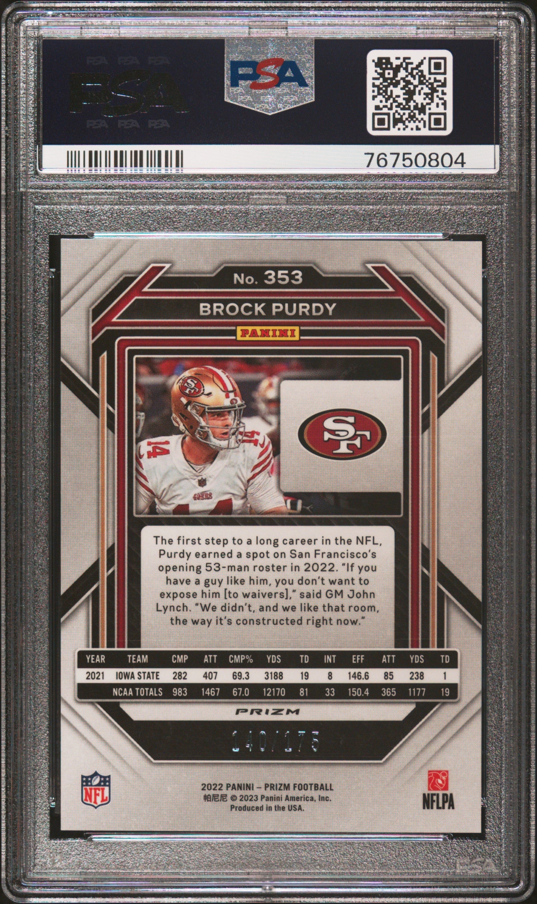 2022 Panini Prizm Brock Purdy Hyper Rookie 140/175 #353 PSA 10 - Graded Sports Cards