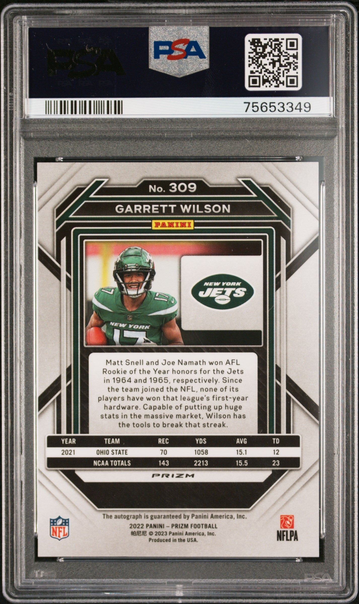2022 Panini Prizm Garrett Wilson Autograph Rookie #309 PSA 10 New York Jets - Graded Sports Cards