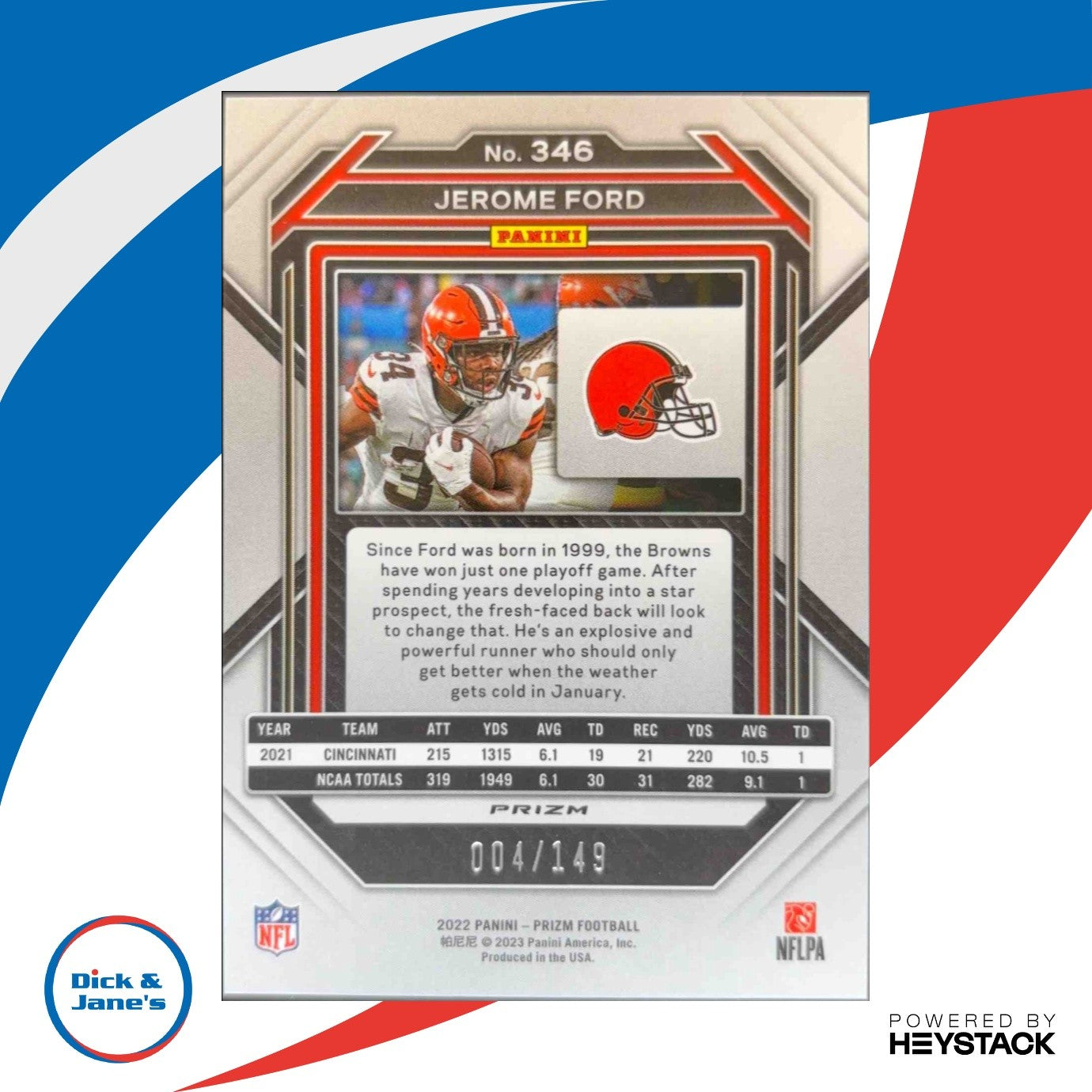 2022 Panini Prizm Jerome Ford Red Wave 4/149 #346 RC Cleveland Browns - Sports Cards