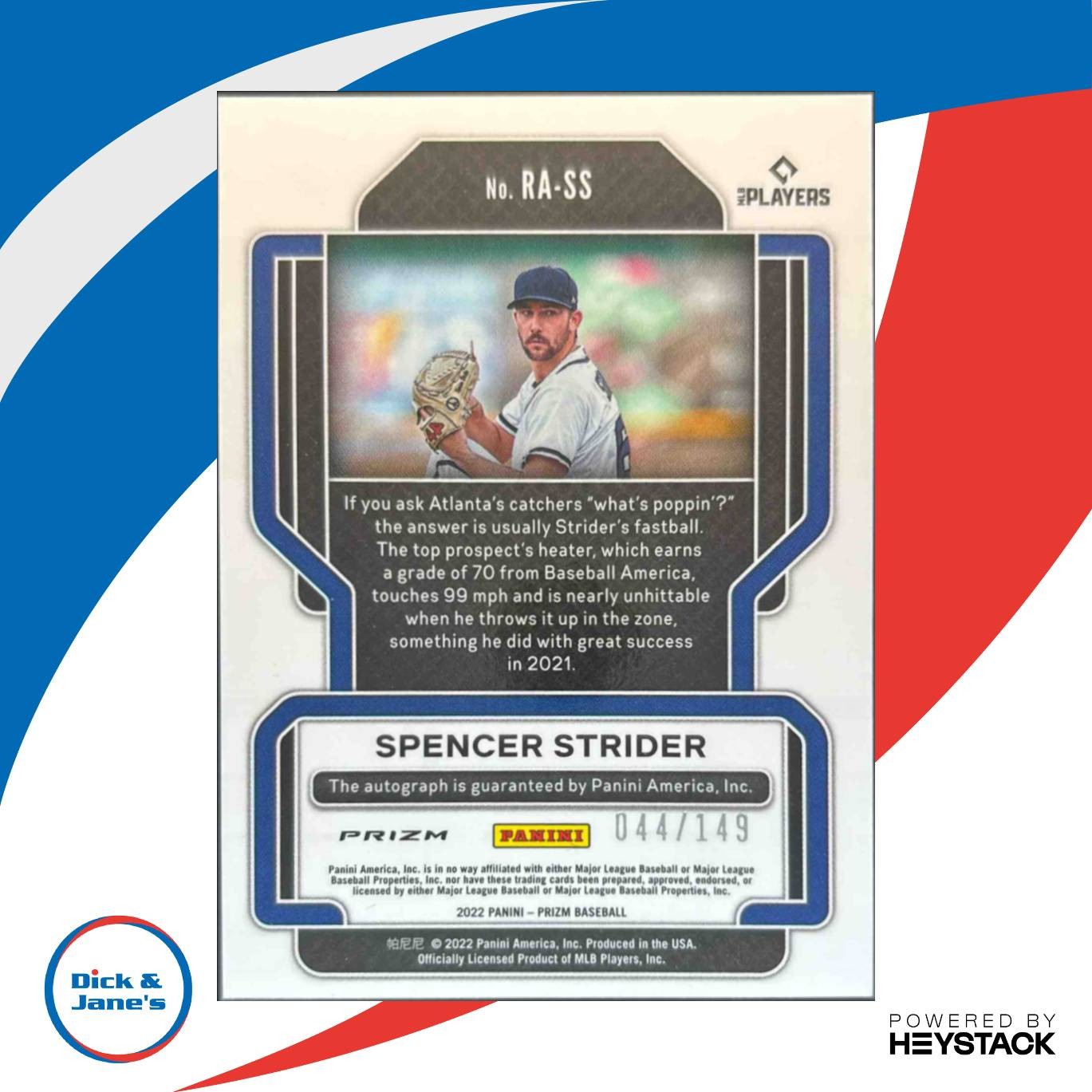 2022 Panini Prizm Spencer Strider Rookie Auto Blue 44/149 RC Atlanta Braves - Sports Cards