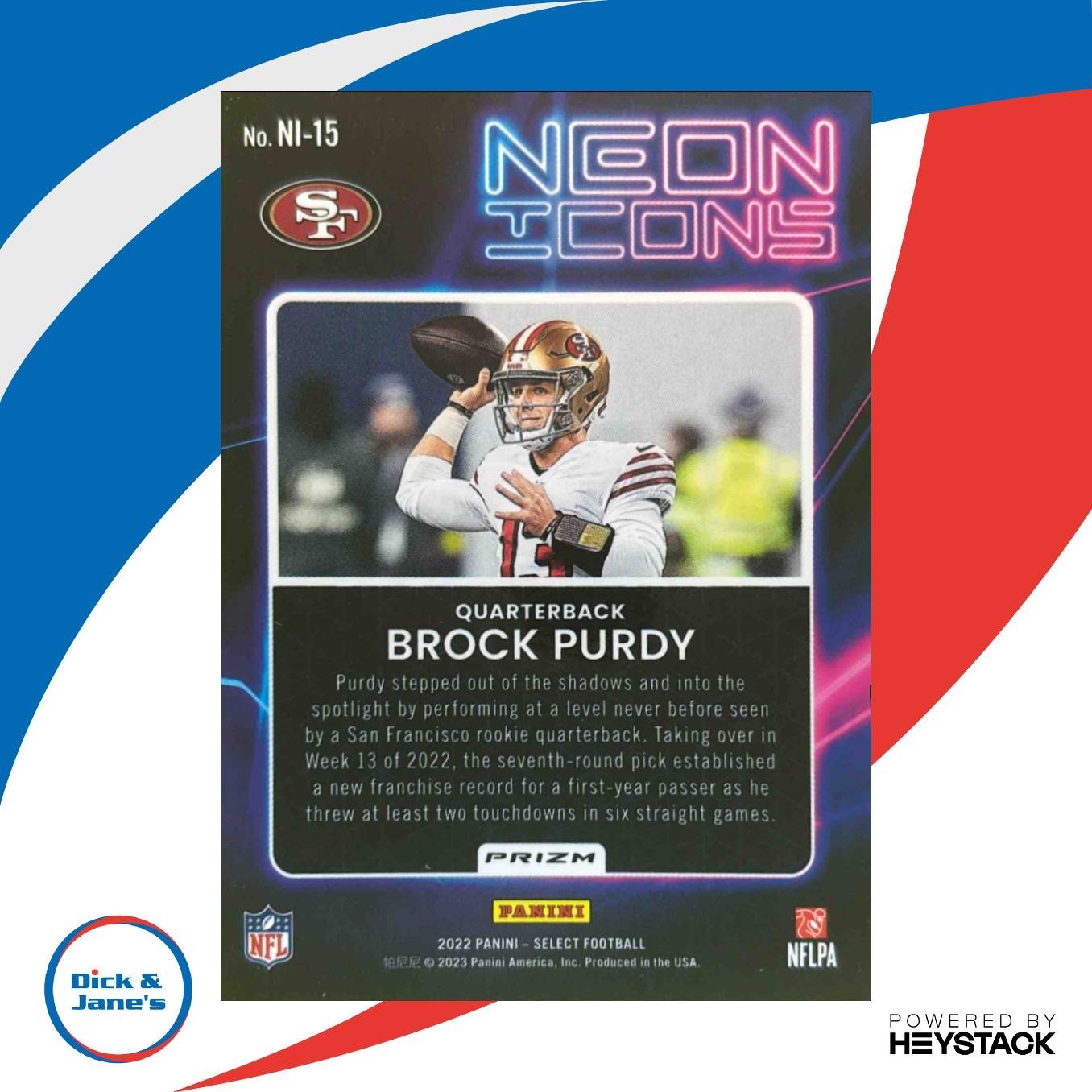2022 Panini Select Brock Purdy Neon Icons #NI-15 RC San Francisco 49ers - Sports Cards