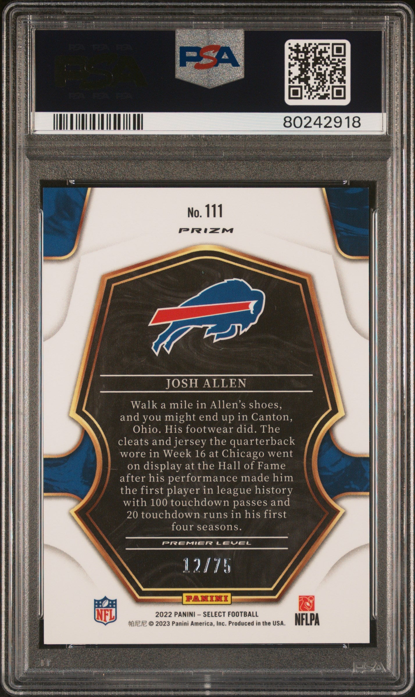 2022 Panini Select Josh Allen Purple Prizm /75 #111 PSA 9 Buffalo Bills Graded Sports Cards