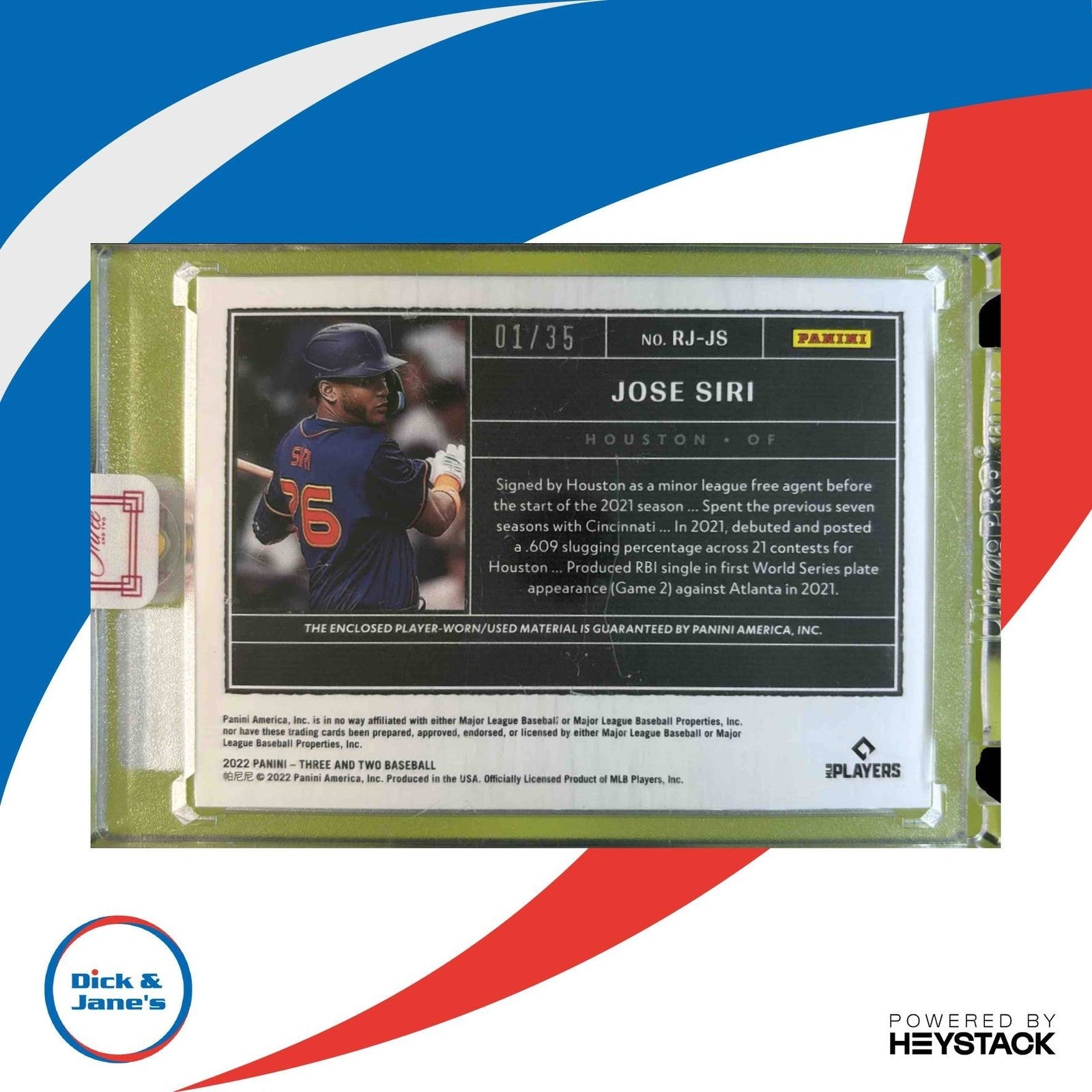 2022 Panini Three and Two Jose Siri Rookie Jerseys Gold 1/35 RC Houston Astros - Sports Cards