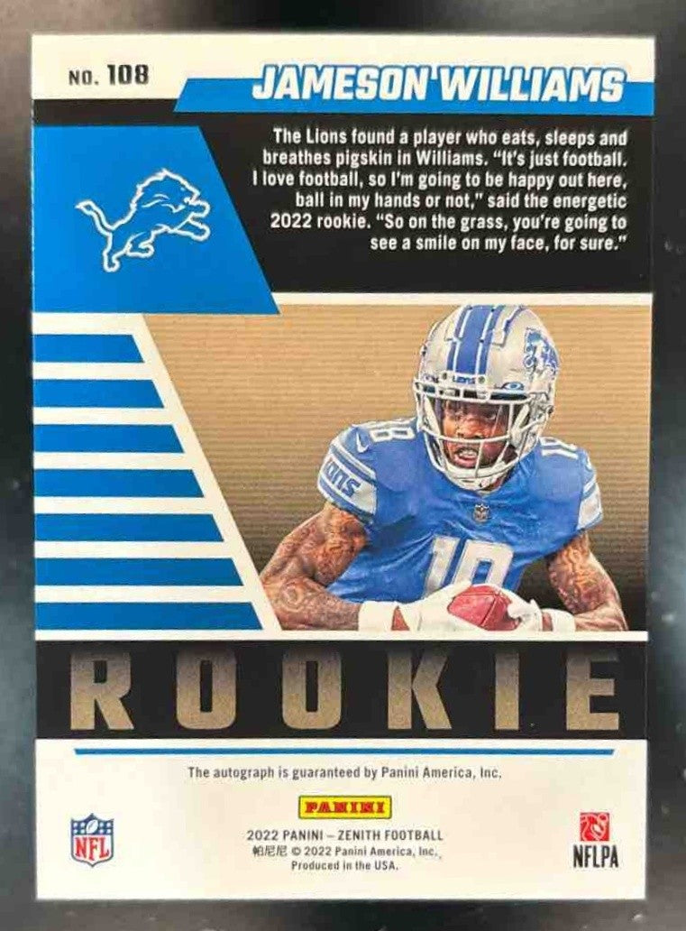 2022 Panini Zenith Jameson Williams Auto /25 #108 RC Detroit Lions - Sports Cards