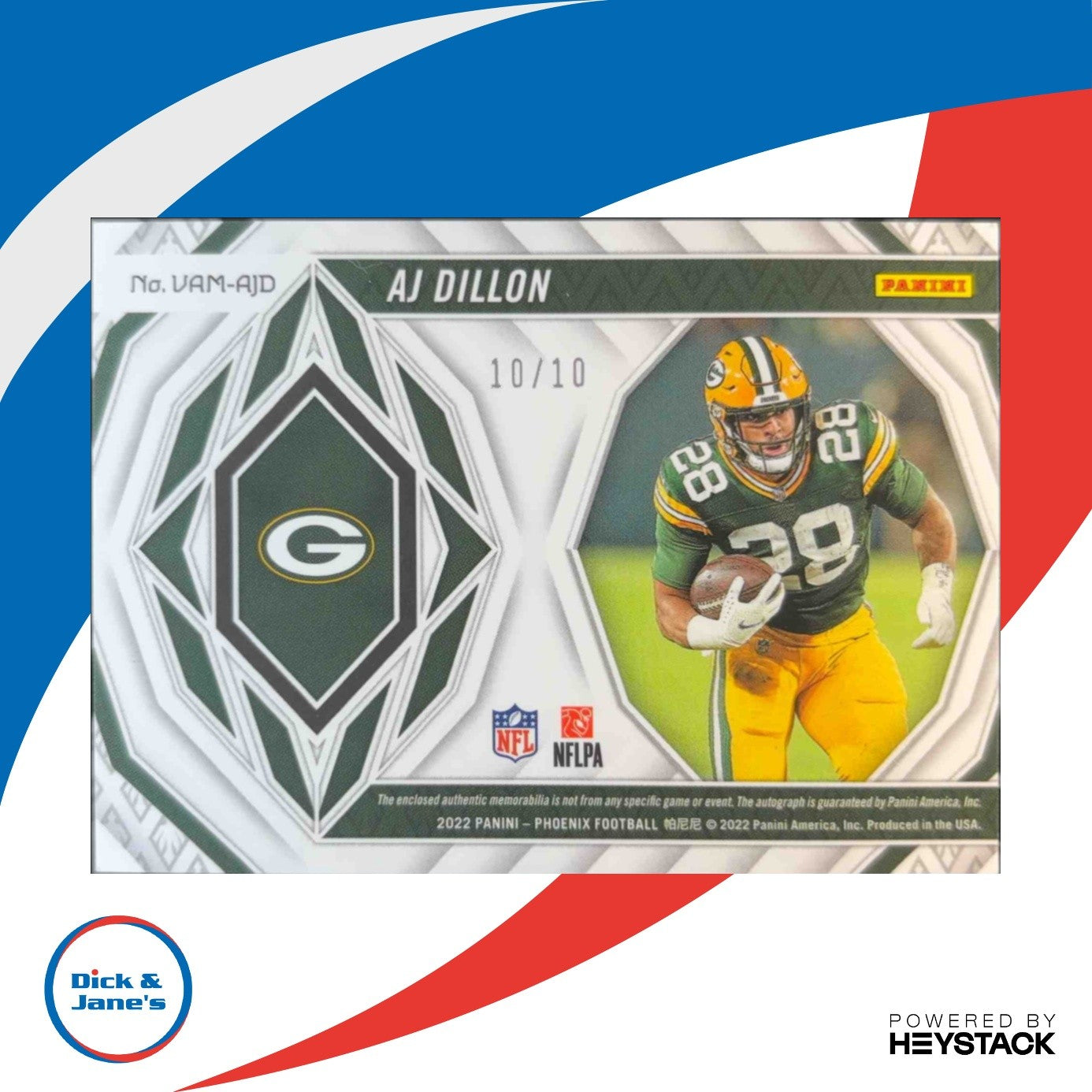 2022 Phoenix AJ Dillon Veteran Auto Materials Black 10/10 Green Bay Packers - Sports Cards