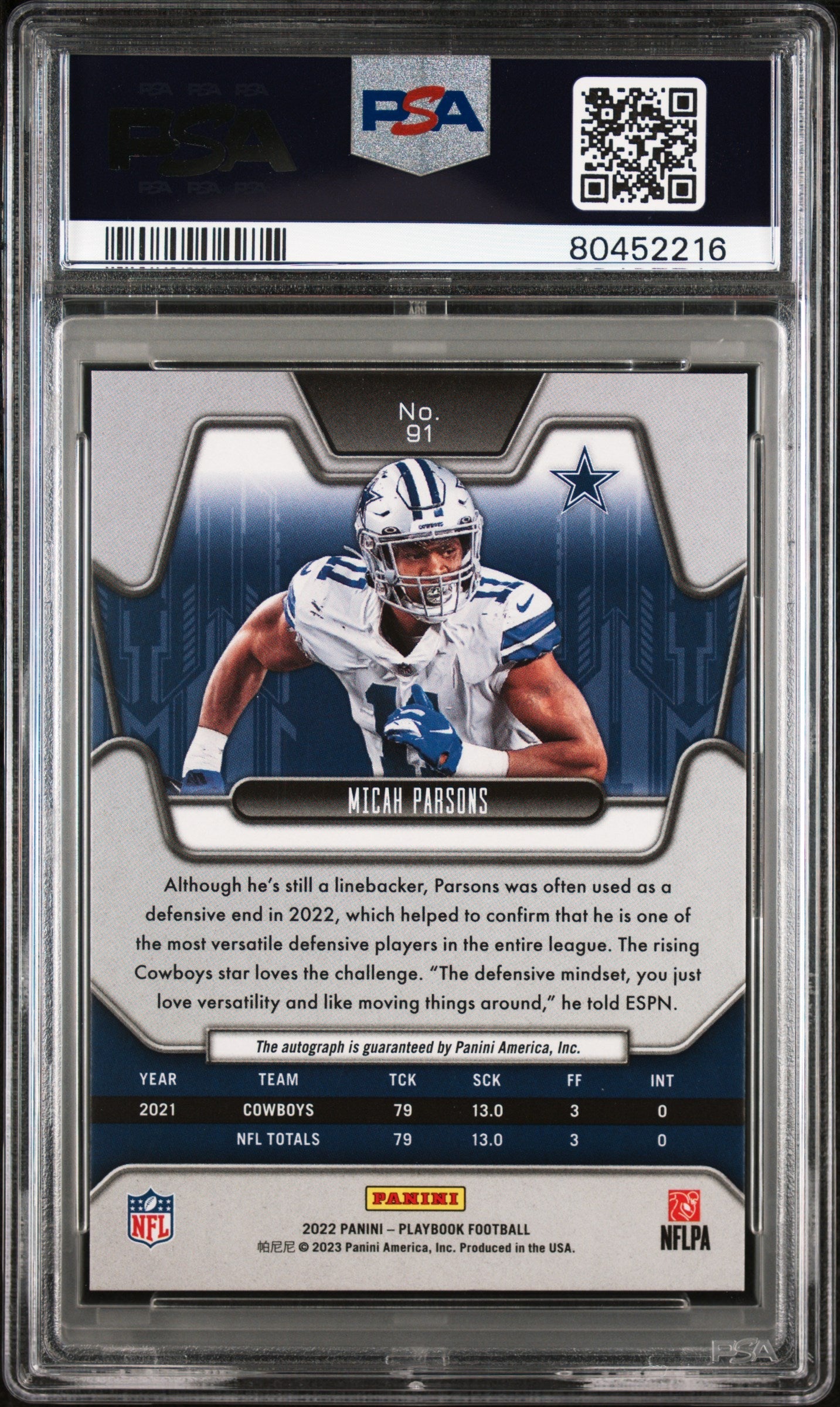 2022 Playbook Micah Parsons Signature Gold Autograph 30/99 PSA 9 Dallas Cowboys Graded Sports Cards