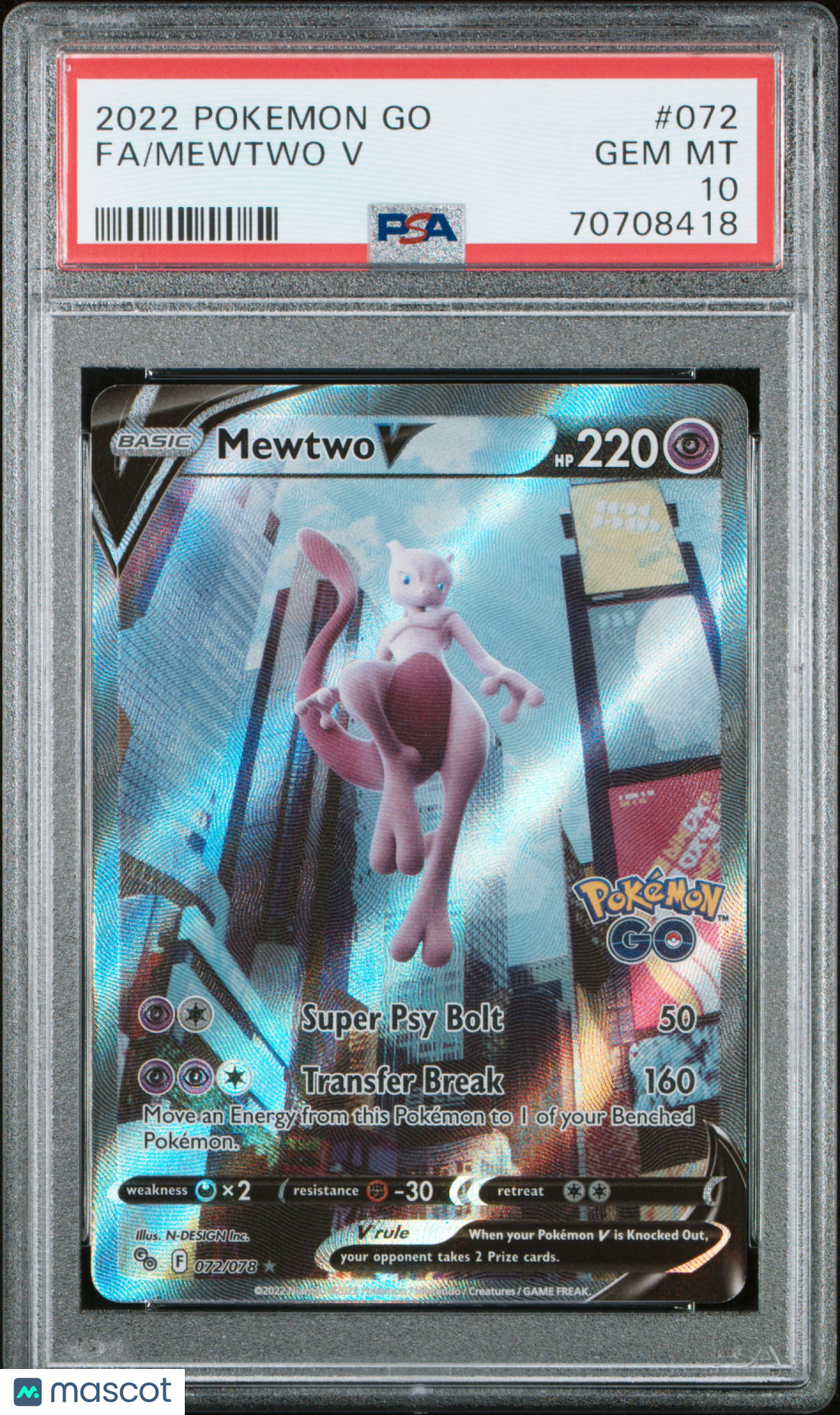 2022 Pokemon Go Mewtwo V #072 FA PSA 10 GEM MINT - Graded TCG/CCG