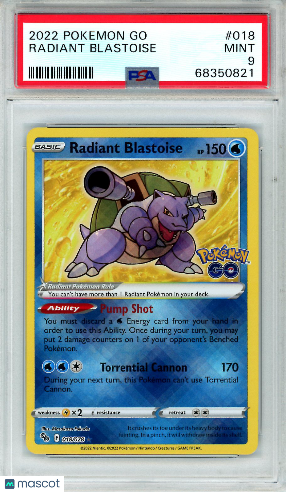 2022 Pokemon Go Radiant Blastoise #018 PSA 9 MINT - Graded TCG/CCG