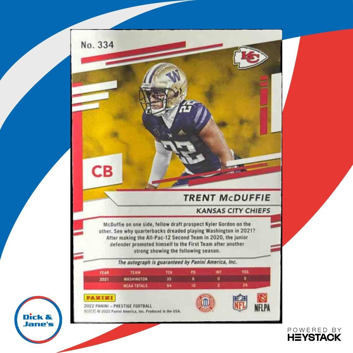 2022 Prestige Trent McDuffie Signatures Red /199 #334 RC Auto Kansas City Chiefs - Sports Cards