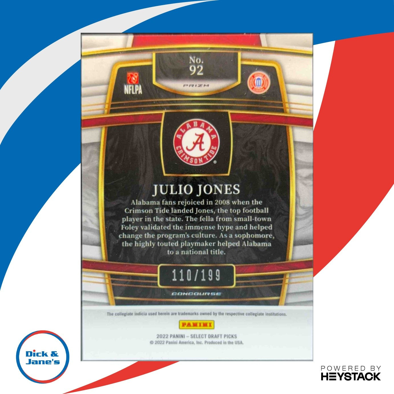 2022 Select Draft Picks Julio Jones Tri Color Prizm 110/199 92 Concourse Alabama - Sports Cards