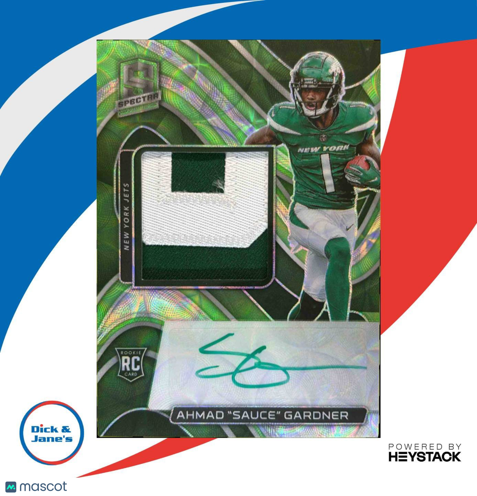2022 Spectra Ahmad ’Sauce’ Gardner Rookie Patch Auto Neon Green /35 #203 Jets - Sports Cards