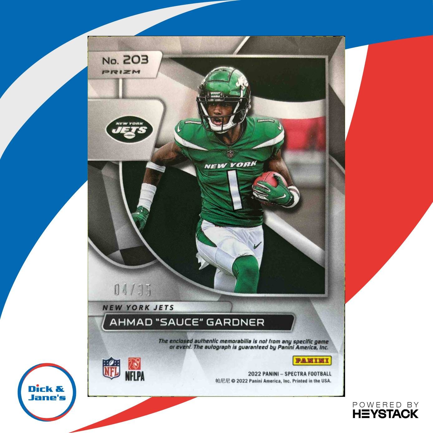 2022 Spectra Ahmad ’Sauce’ Gardner Rookie Patch Auto Neon Green /35 #203 Jets - Sports Cards