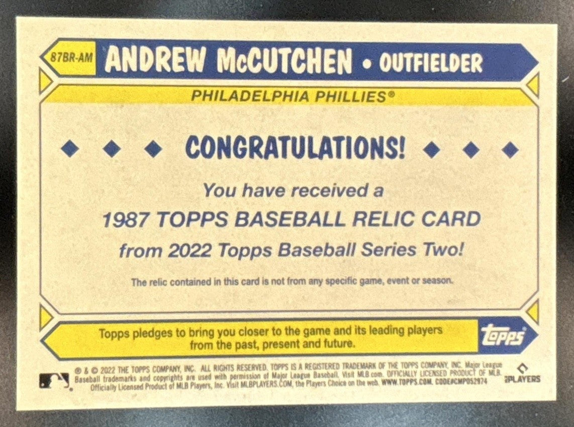2022 Topps Andrew McCutchen 1987 Baseball 35th Anniversary Relics MEM Phillies - Sports Cards