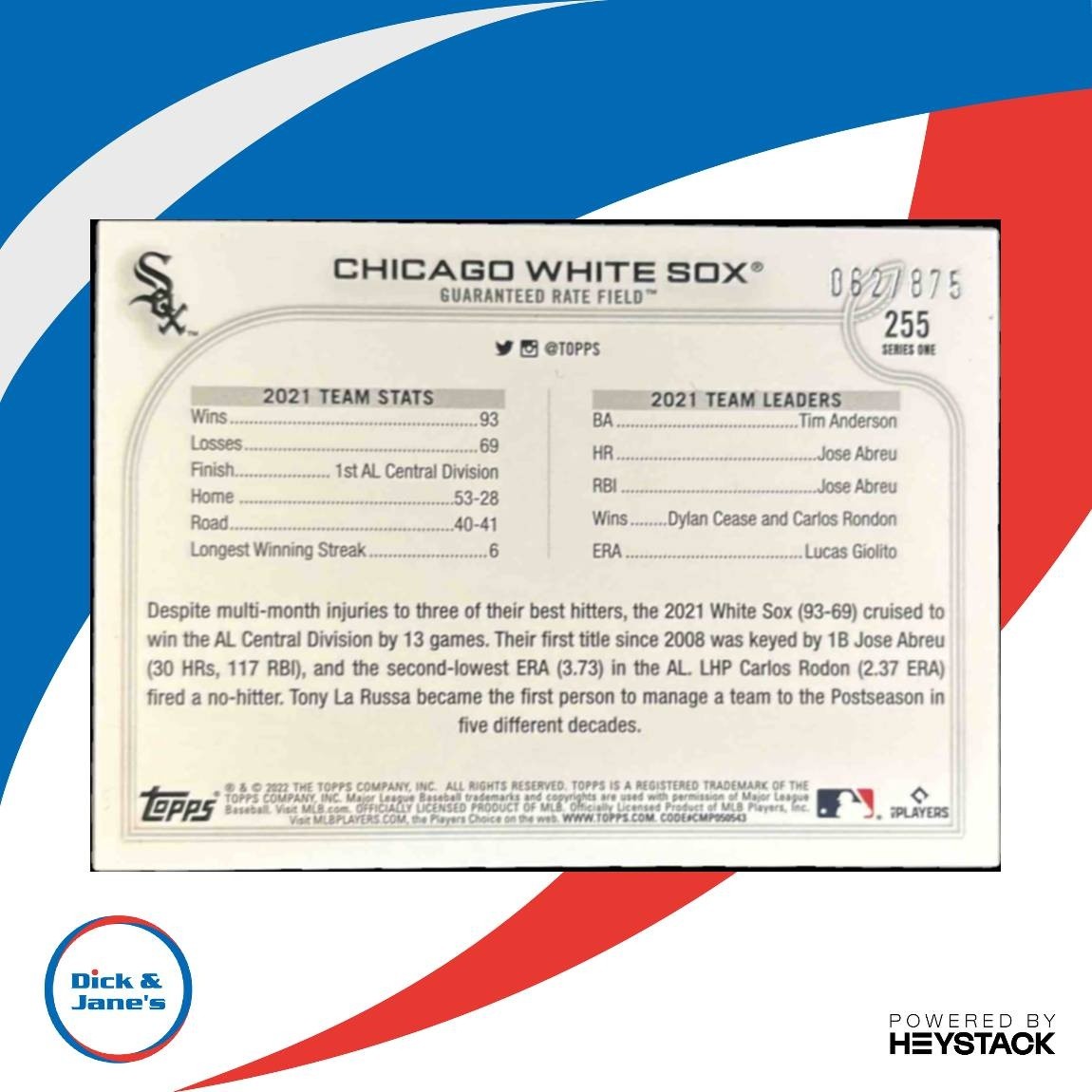 2022 Topps Chicago White Sox Foilboard Retail 62/875 #255 Team Card - Sports Cards
