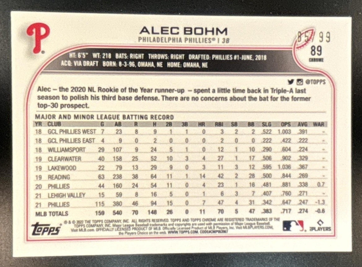 2022 Topps Chrome Alec Bohm Green Refractor /99 #89 Philadelphia Phillies - Sports Cards