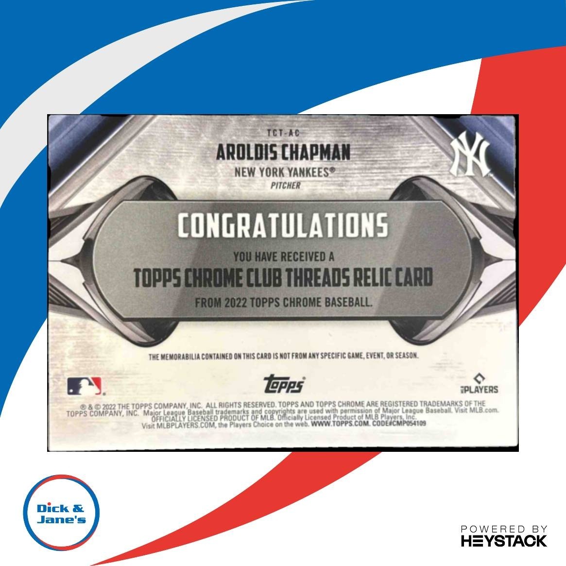 2022 Topps Chrome Aroldis Chapman Authentics Relics MEM New York Yankees - Sports Cards