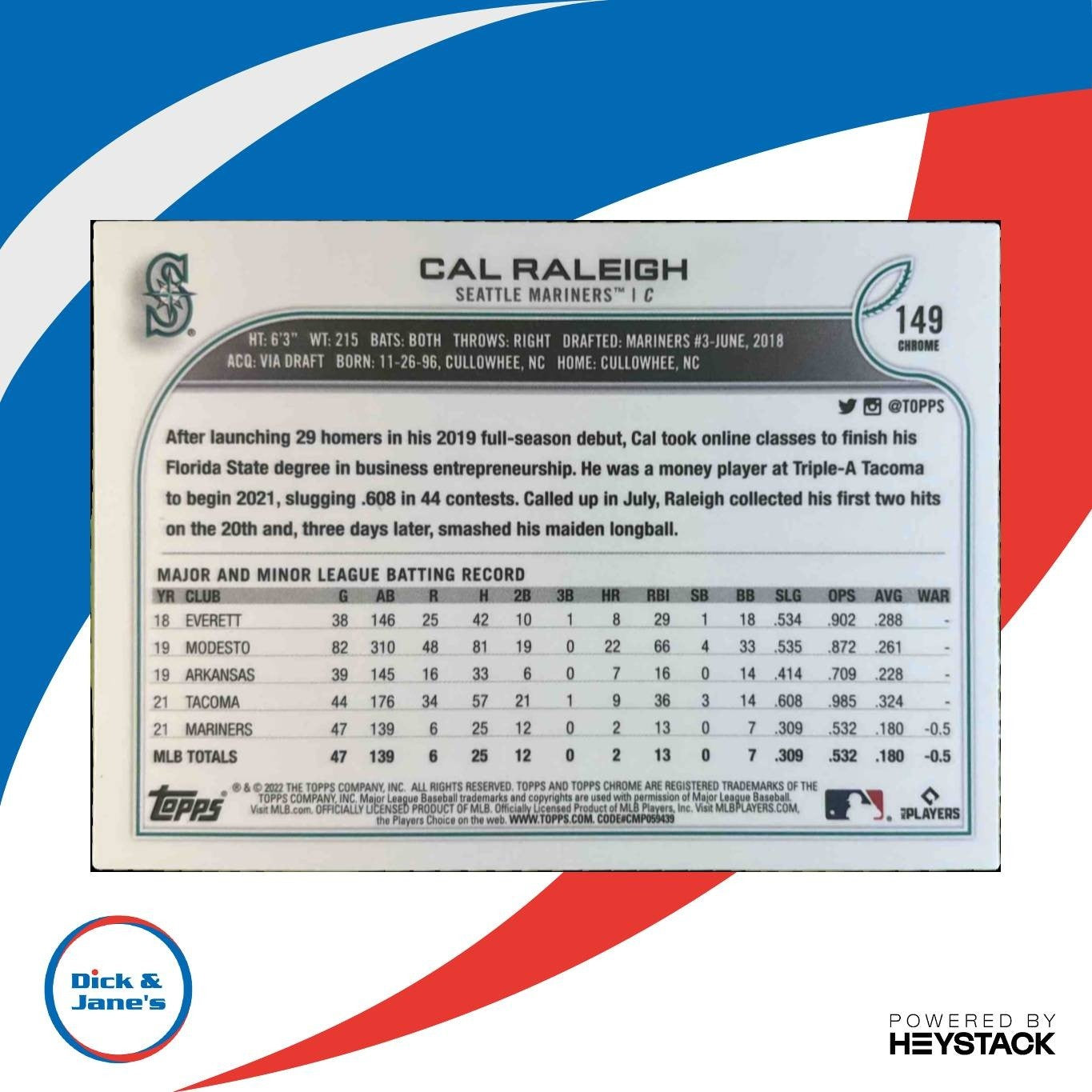 2022 Topps Chrome Cal Raleigh #149 RC Seattle Mariners - Sports Cards