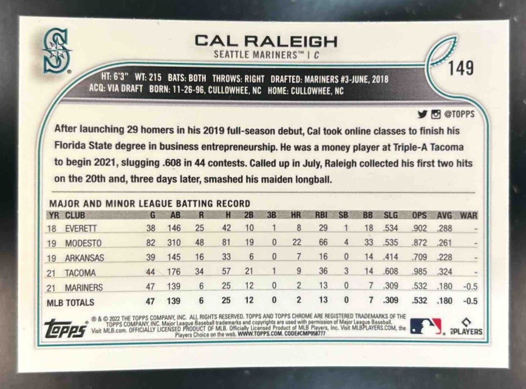 2022 Topps Chrome Cal Raleigh Refractor #149 RC Seattle Mariners - Sports Cards