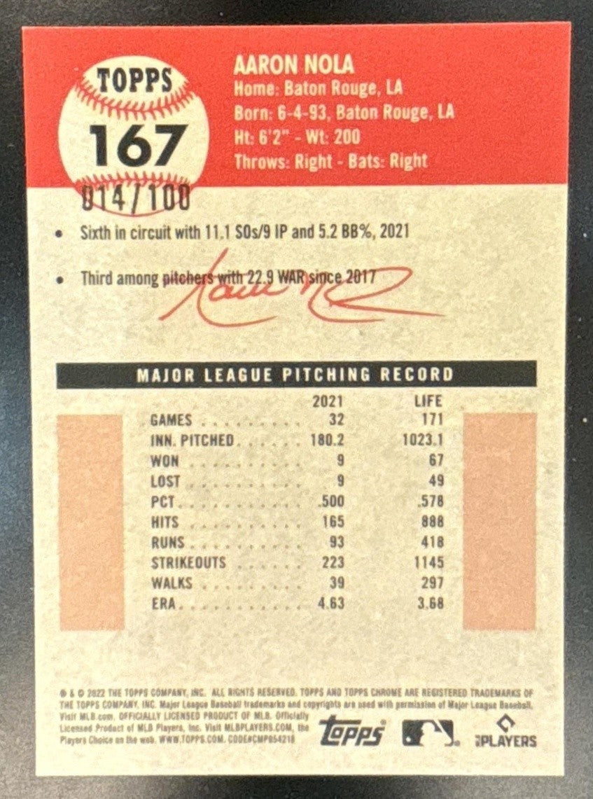 2022 Topps Chrome Platinum Anniversary Aaron Nola Toile Cream/Fuchsia /100 #167 - Sports Cards