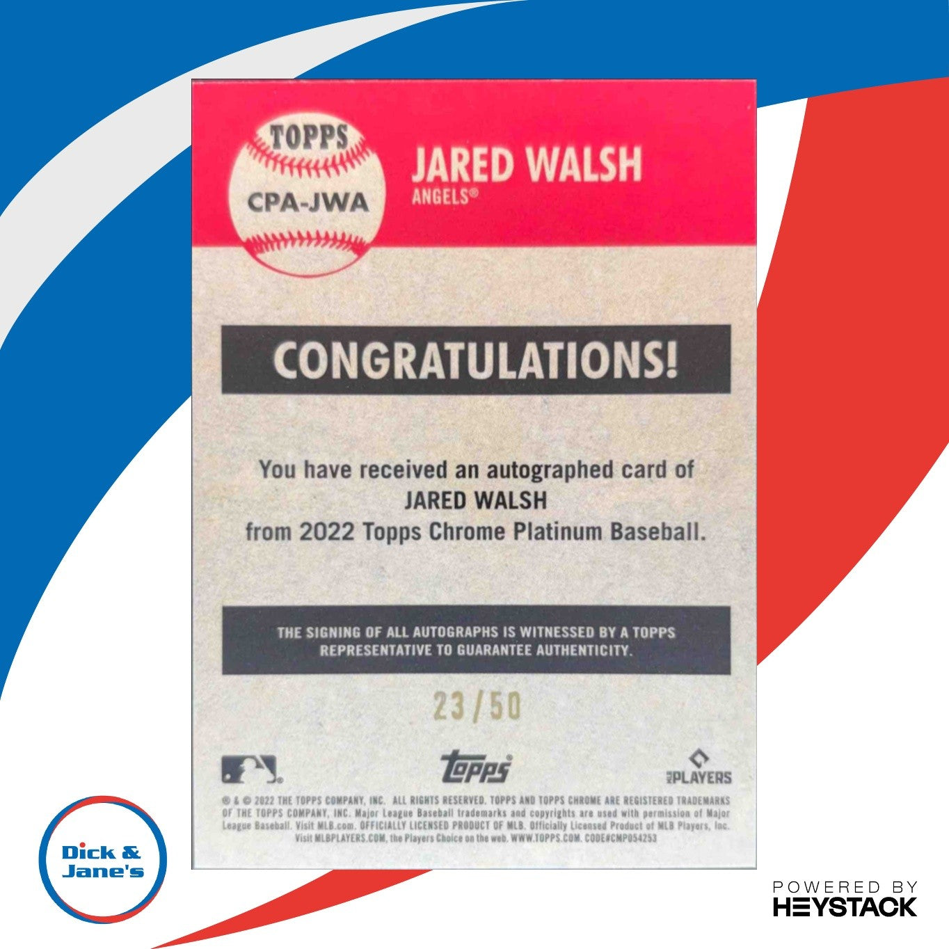 2022 Topps Chrome Platinum Anniversary Jared Walsh Auto Gold Refractor 23/50 - Sports Cards