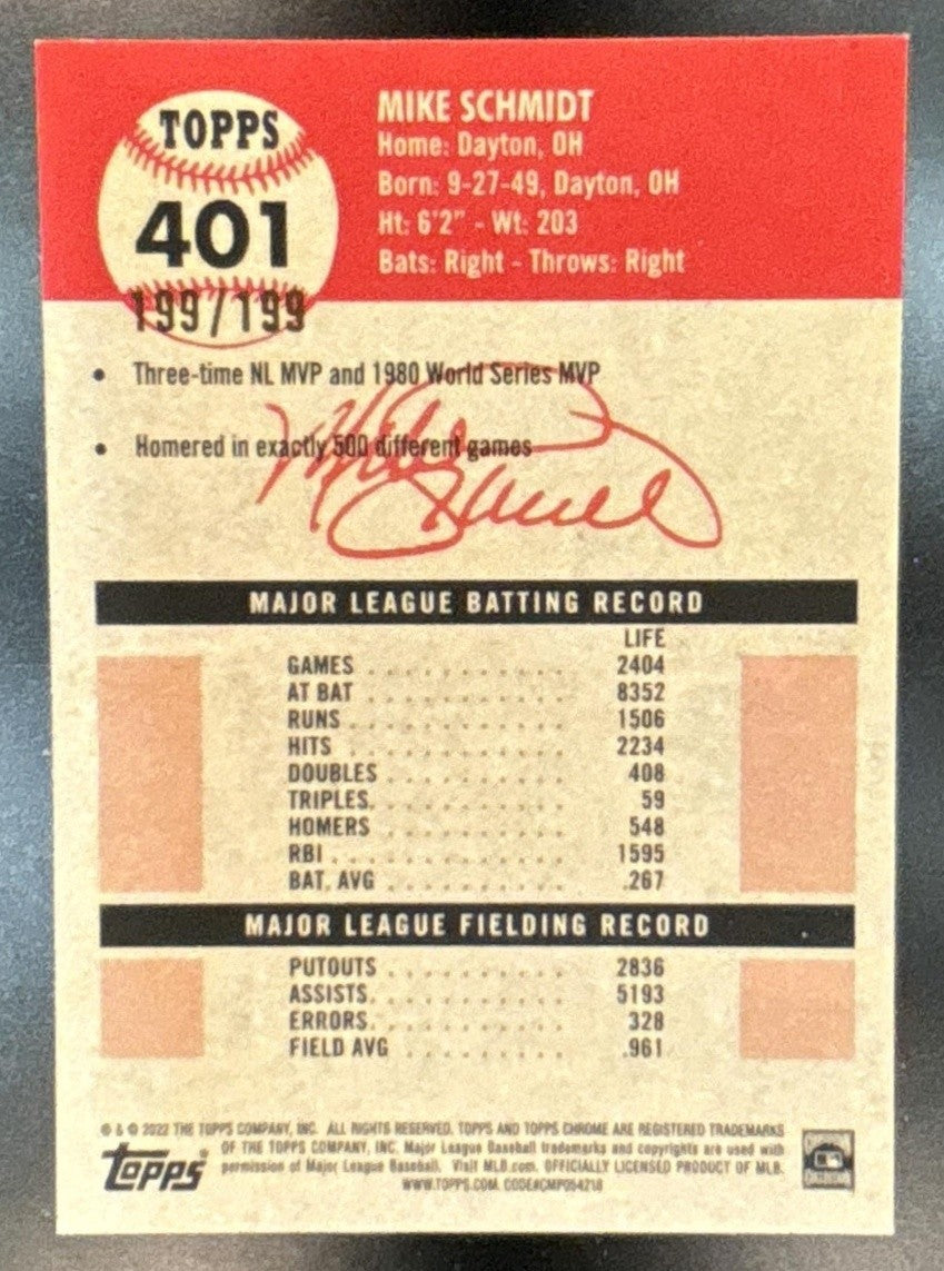 2022 Topps Chrome Platinum Anniversary Mike Schmidt Toile White/Blue 199/199 - Sports Cards