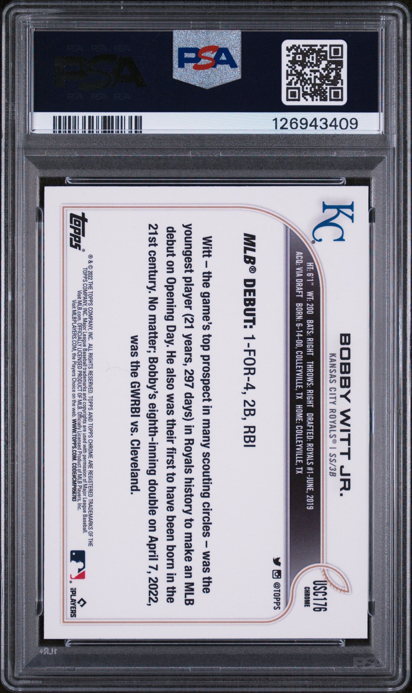 2022 Topps Chrome Update Bobby Witt JR. #USC176 PSA 10 - Graded Sports Cards