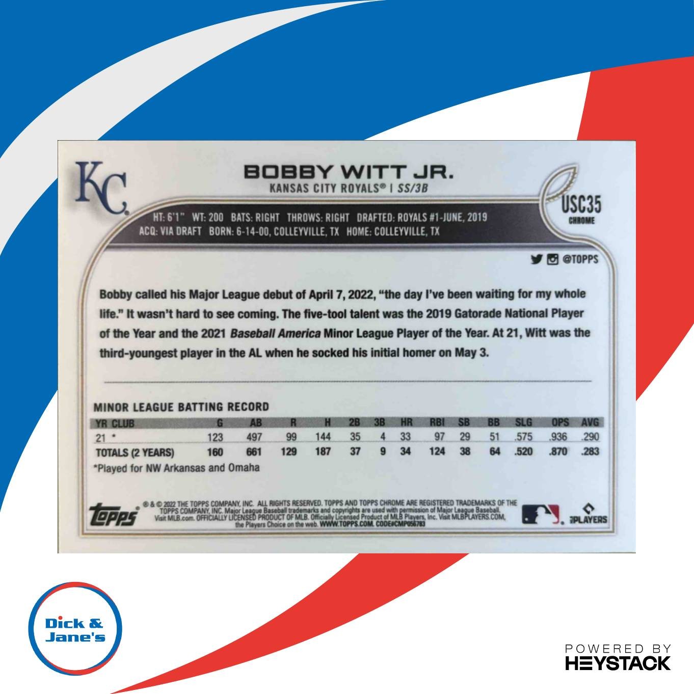 2022 Topps Chrome Update Bobby Witt Jr. #USC35 RC Kansas City Royals - Sports Cards