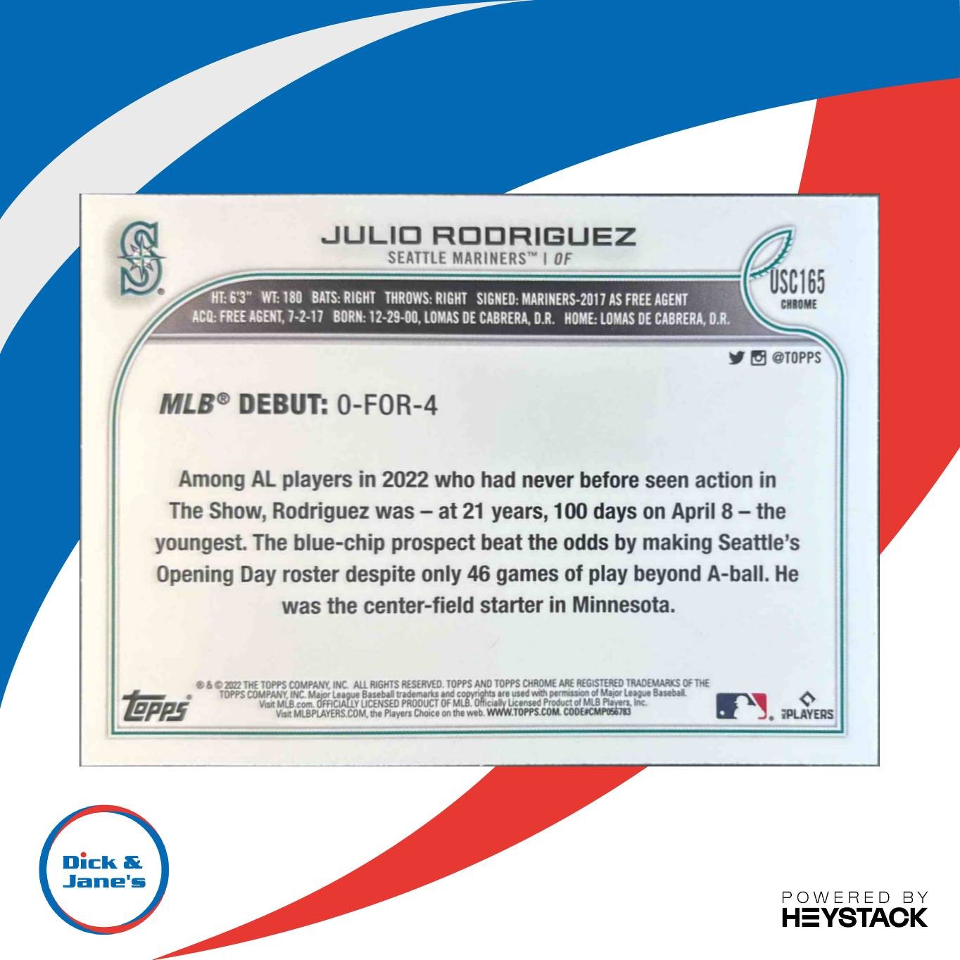 2022 Topps Chrome Update Julio Rodriguez Purple Refractor #USC165 Mariners - Sports Cards