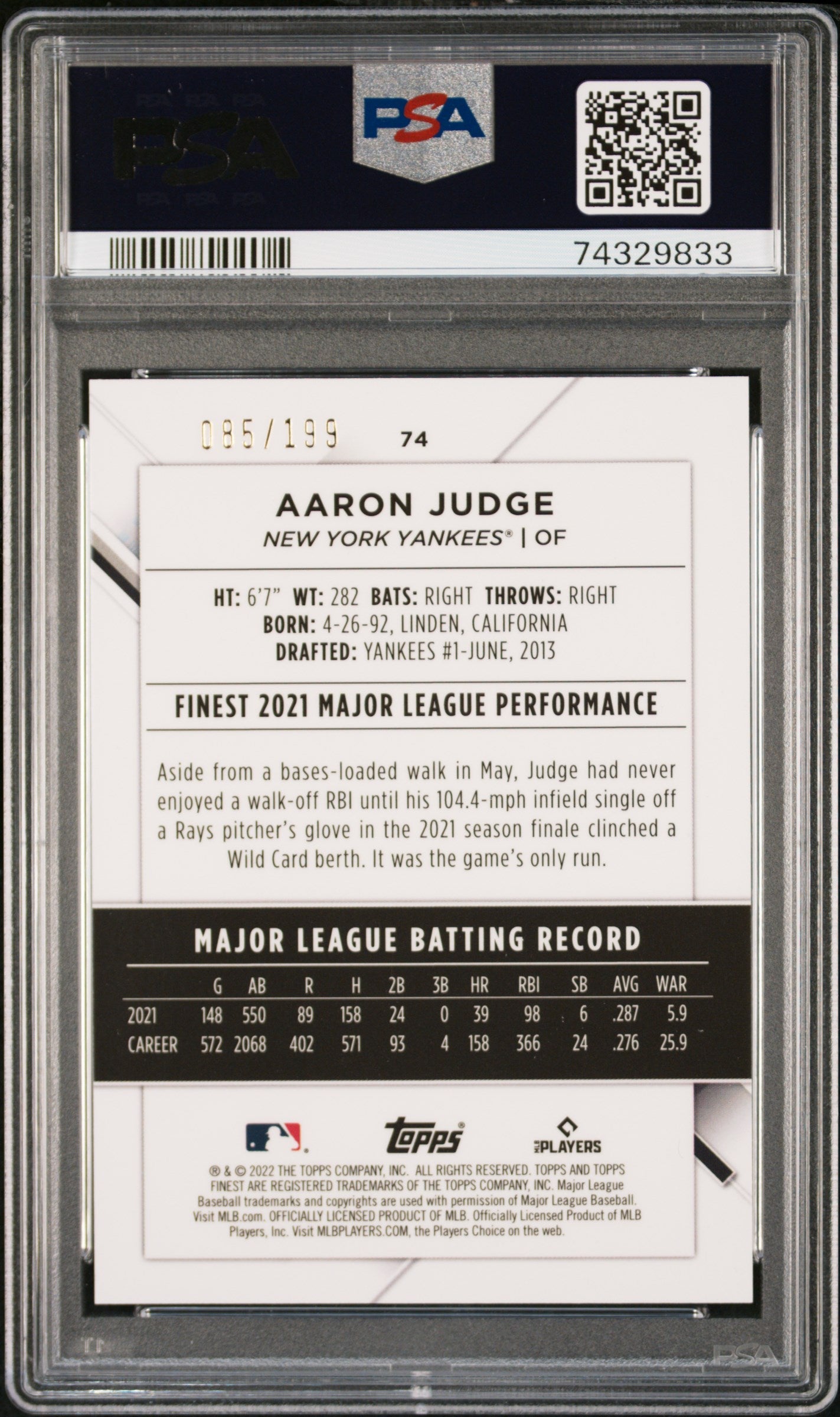 2022 Topps Finest Aaron Judge Aqua Refractor #74 PSA 9 - Graded Sports Cards