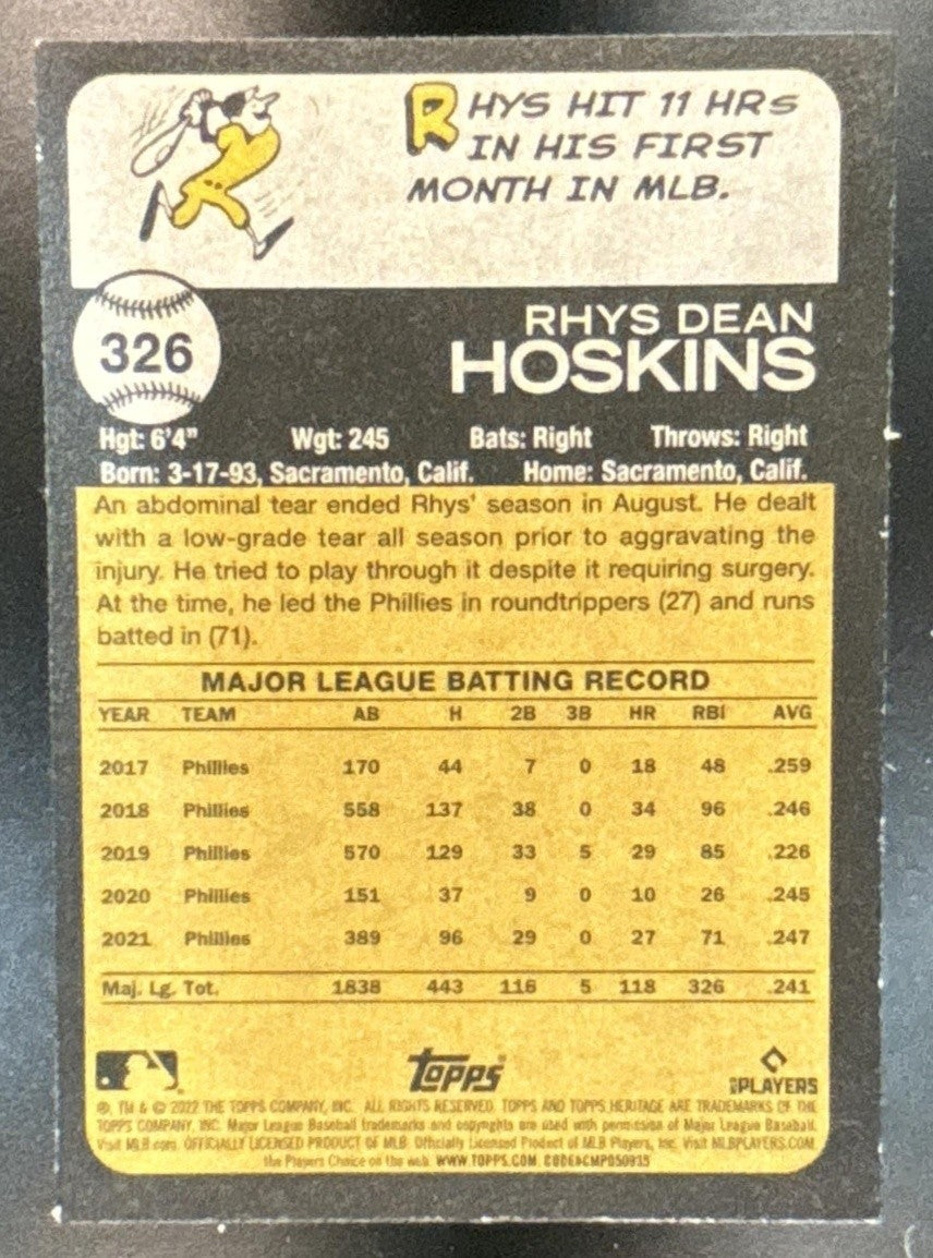 2022 Topps Heritage Rhys Hoskins Chrome Purple Refractor #326 Phillies - Sports Cards