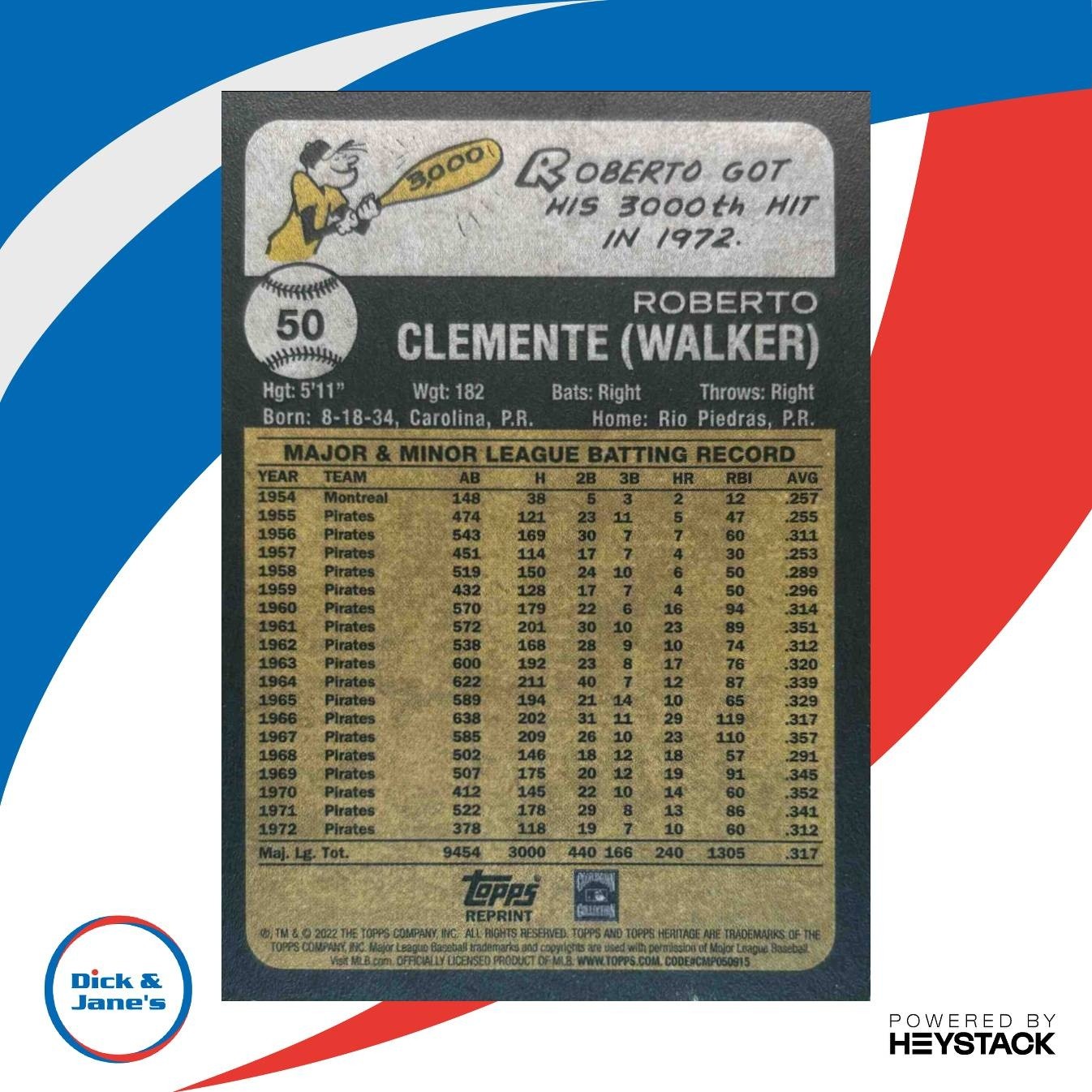 2022 Topps Heritage Roberto Clemente #50 Pittsburgh Pirates - Sports Cards