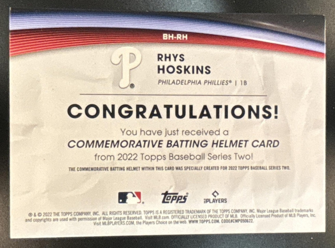 2022 Topps Rhys Hoskins Batting Helmet Commemorative Relic Philadelphia Phillies - Sports Cards