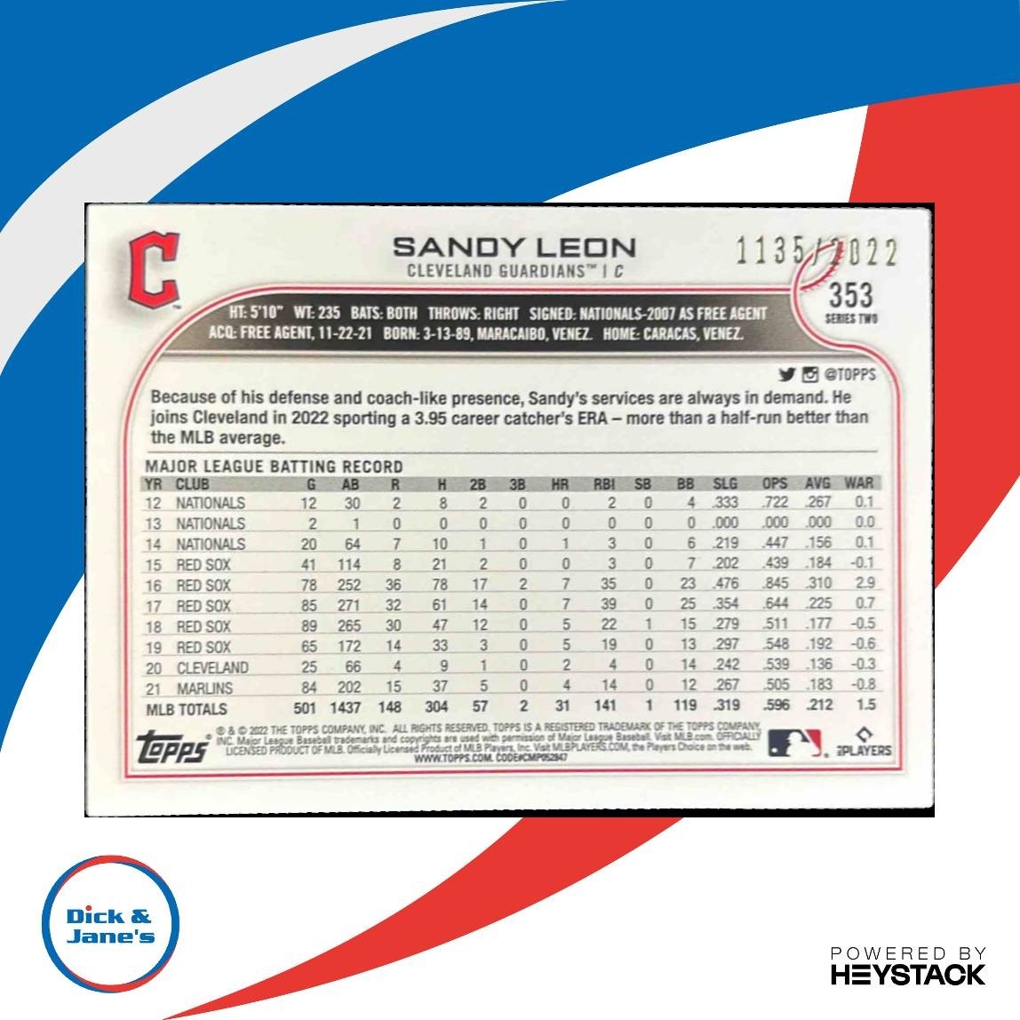 2022 Topps Sandy Leon Gold 1135/2022 #353 Cleveland Guardians - Sports Cards