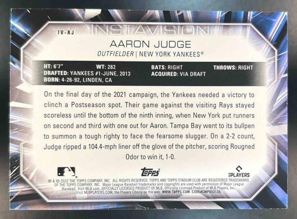 2022 Topps Stadium Club Aaron Judge Instavision #IV-AJ New York Yankees - Sports Cards