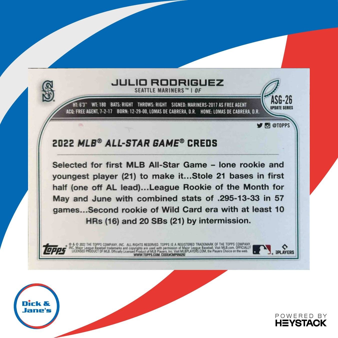 2022 Topps Update Julio Rodriguez MLB All-Star Game #ASG-26 RC Seattle Mariners - Sports Cards