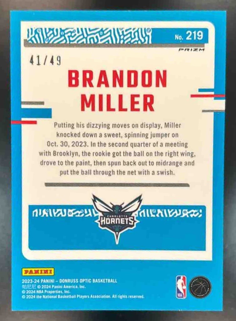 2023-24 Donruss Optic Brandon Miller Fast Break Blue /49 #219 RC Hornets - Sports Cards