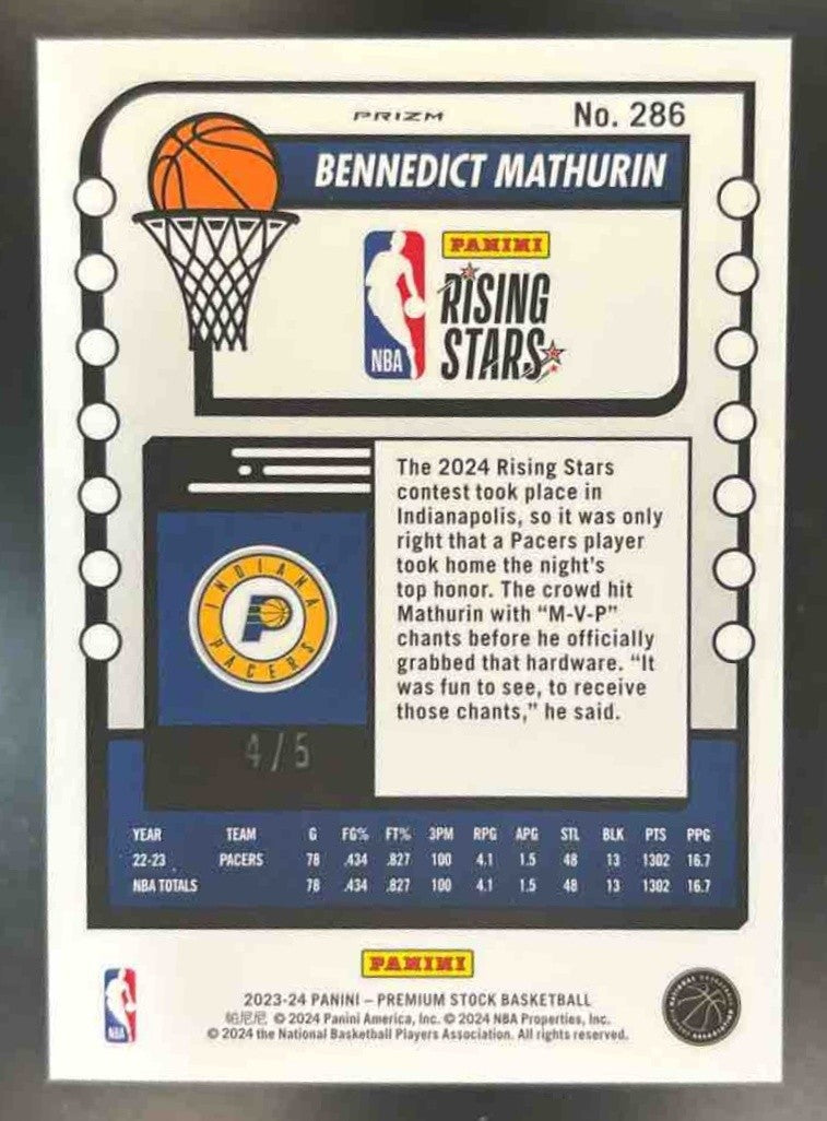 2023-24 Hoops Premium Stock Bennedict Mathurin Rising Stars Green /5 #286 Pacers - Sports Cards