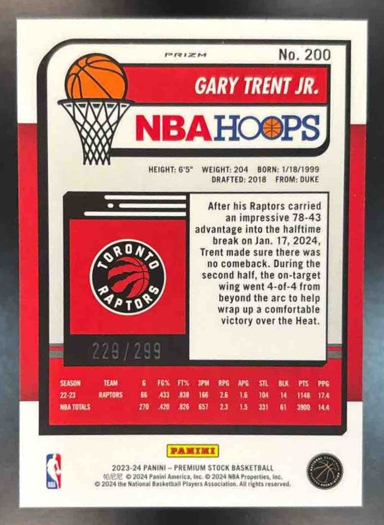 2023-24 Hoops Premium Stock Gary Trent Jr. Orange /299 #200 Toronto Raptors - Sports Cards