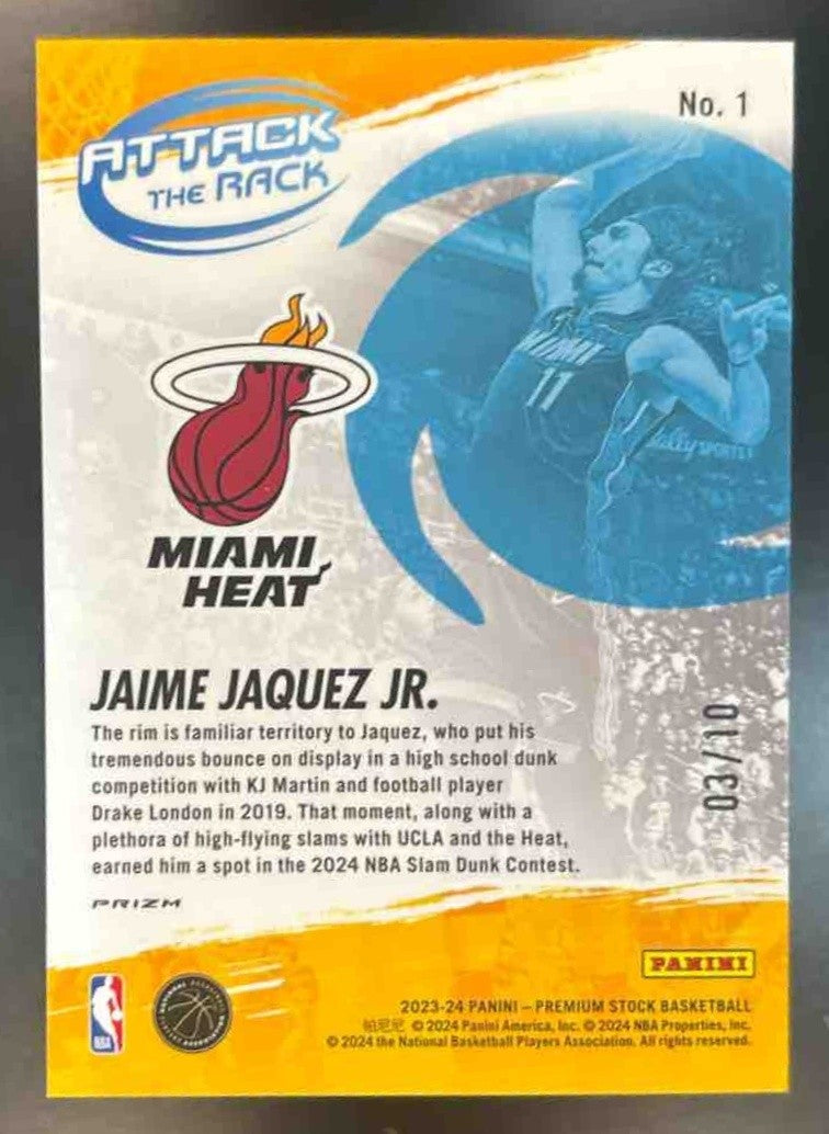 2023-24 Hoops Premium Stock Jaime Jaquez Jr. Attack the Rack Gold Ice /10 #1 RC - Sports Cards