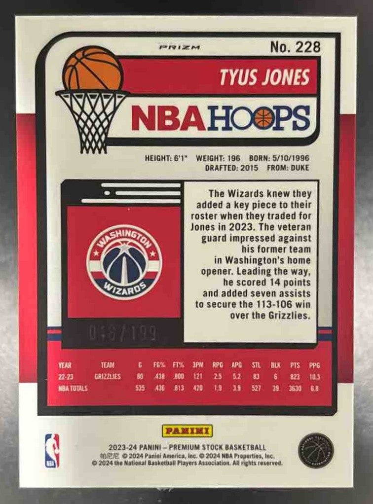 2023-24 Hoops Premium Stock Tyus Jones Red Seismic /199 #228 Washington Wizards - Sports Cards