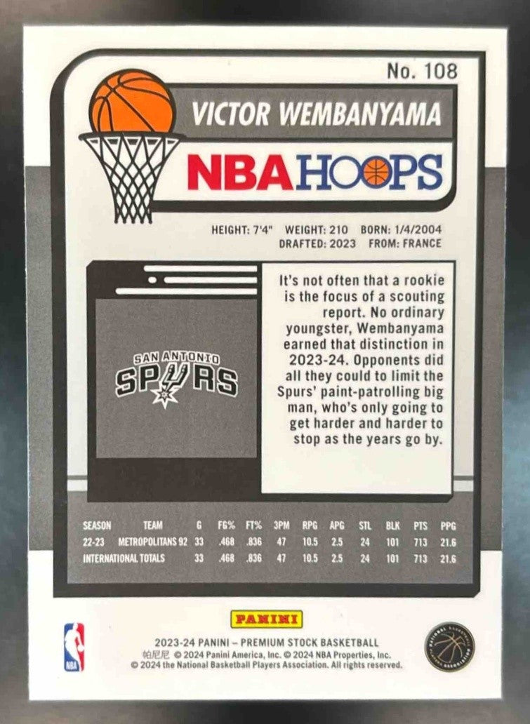 2023-24 Hoops Premium Stock Victor Wembanyama #108 San Antonio Spurs - Sports Cards