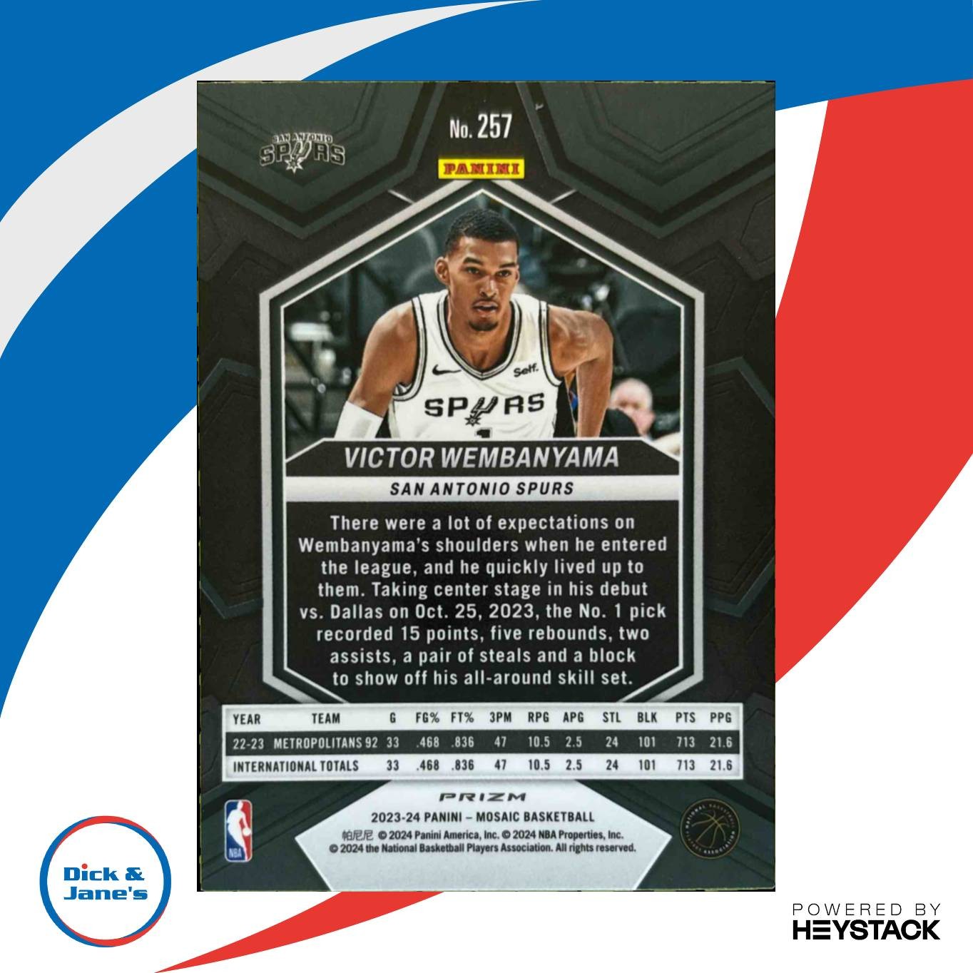 2023-24 Mosaic Victor Wembanyama Reactive Blue Prizm #257 NBA Debut RC Spurs - Sports Cards