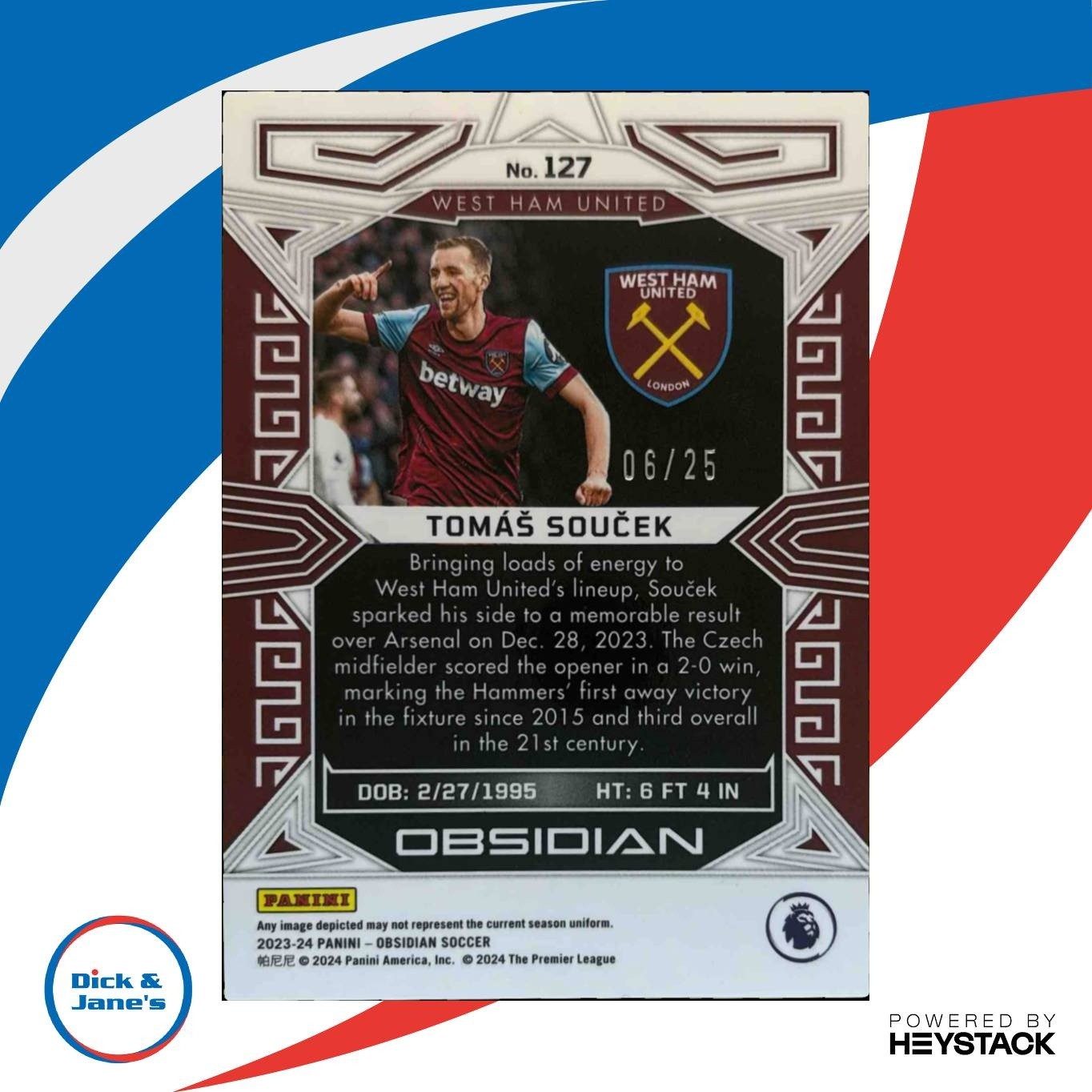 2023-24 Obsidian Tomas Soucek Purple Flood /25 #127 West Ham United - Sports Cards