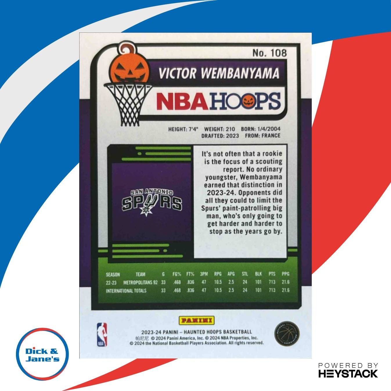 2023-24 Panini Hoops Haunted Victor Wembanyama #108 RC San Antonio Spurs - Sports Cards