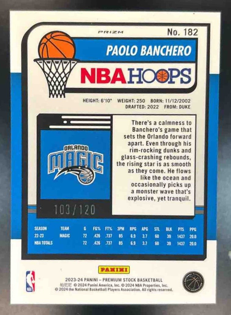 2023-24 Panini Hoops Premium Stock Paolo Banchero Blue /120 #182 Orlando Magic - Sports Cards