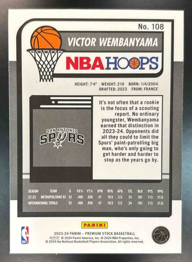 2023-24 Panini Hoops Premium Stock Victor Wembanyama #108 San Antonio Spurs - Sports Cards