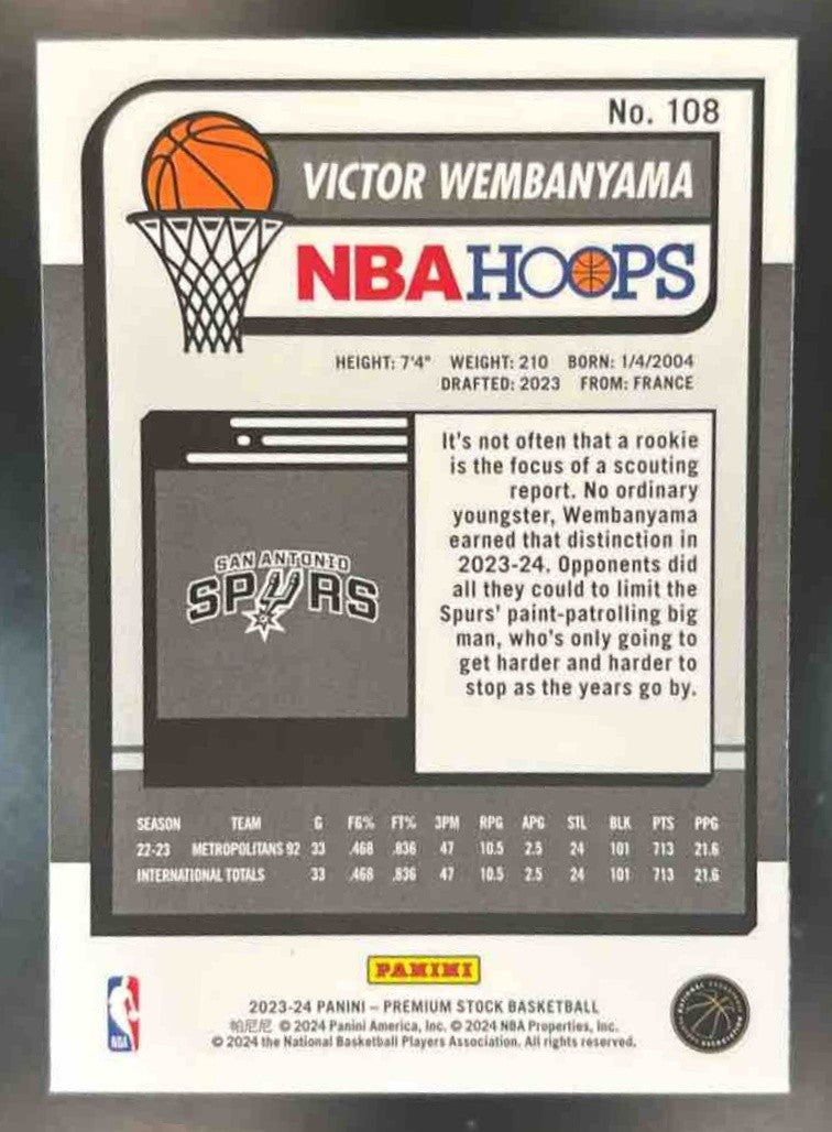 2023-24 Panini Hoops Premium Stock Victor Wembanyama #108 Spurs - Sports Cards