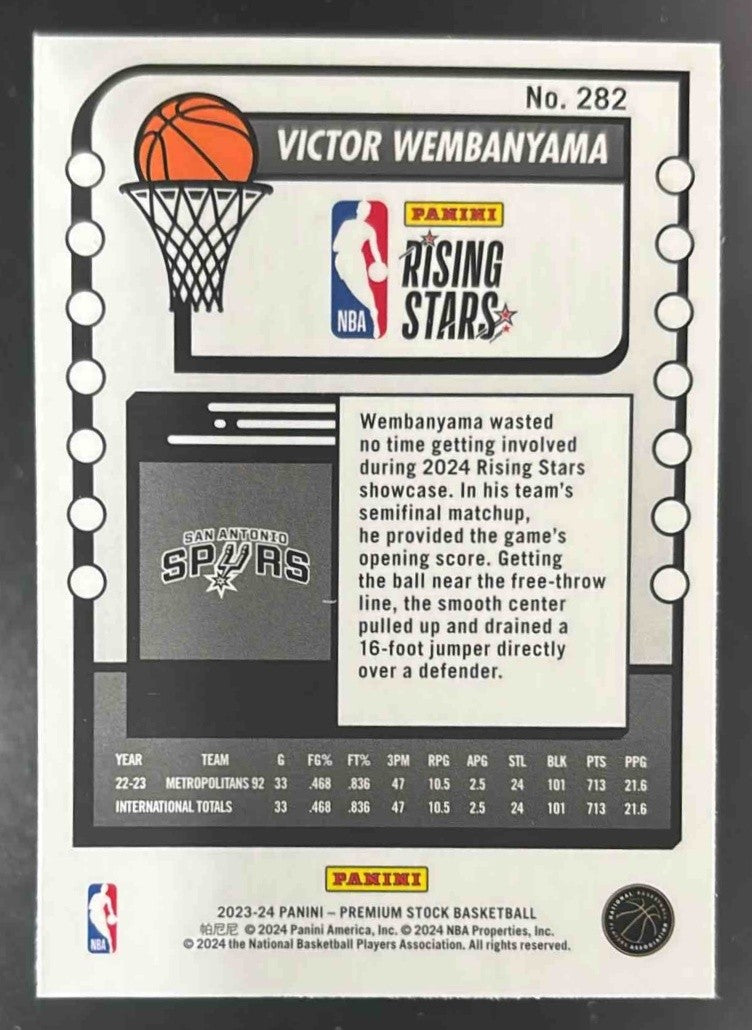 2023-24 Panini Hoops Premium Stock Victor Wembanyama Rising Stars #282 RC Spurs - Sports Cards