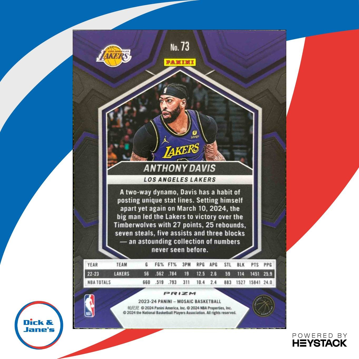 2023-24 Panini Mosaic Anthony Davis Reactive Blue Prizm #73 Los Angeles Lakers - Sports Cards